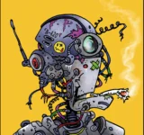 The Stoned Robot A-420 NFT drawing in a Comic Art with a smiley on his head