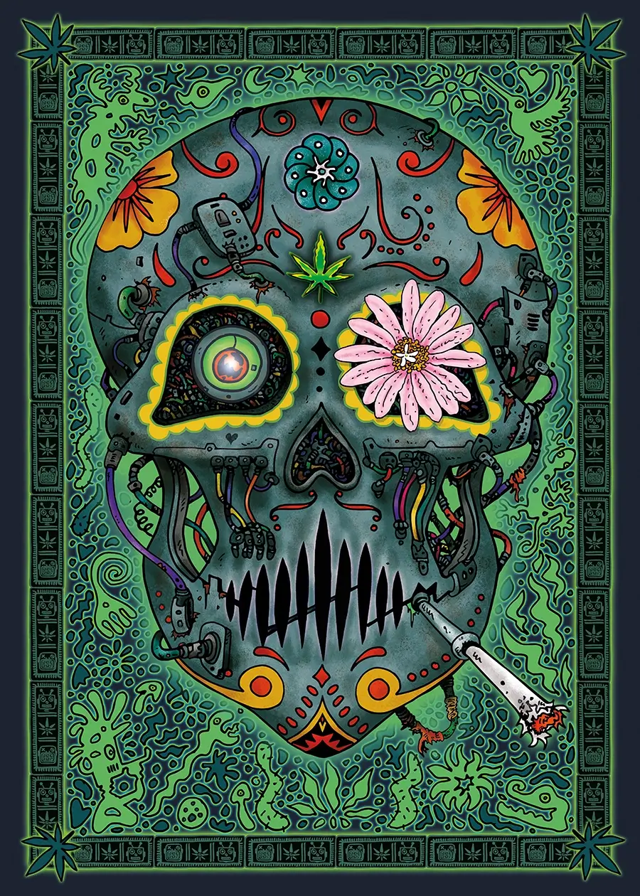 New Stoned Robots 420 chaman Skull Comic Artwork from the ESTAMOS VIVOS Collection