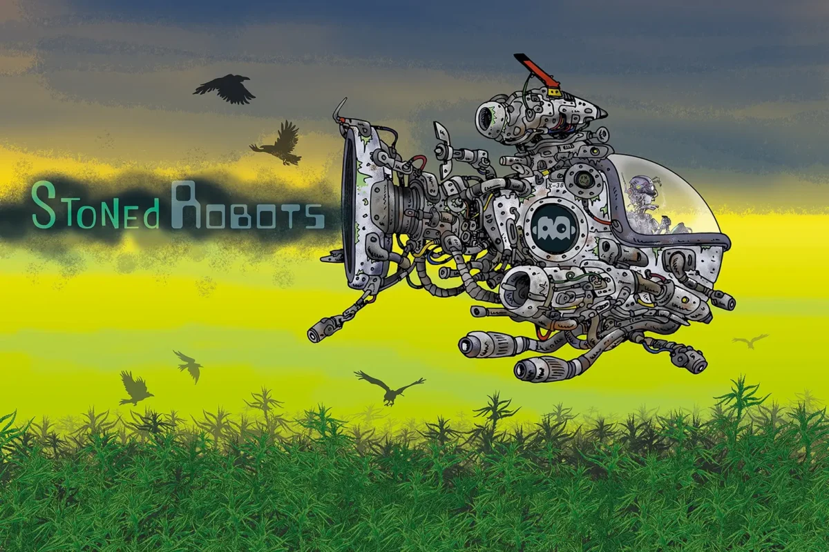 An illustration showing a 420 spaceship from the Stoned Robots comic flying over a hemp field